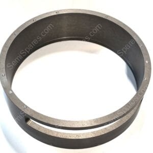 Close-up of a metal circular flange with evenly spaced screws around the rim and a dark inner surface.