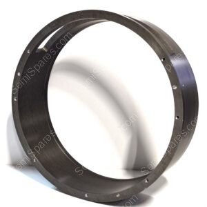 Close-up of a dark metal circular ring with small screws around the edge on a white background.
