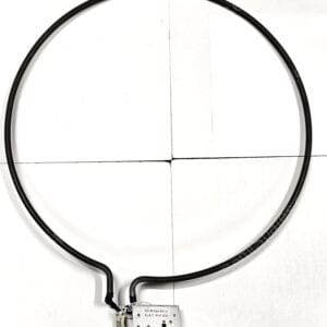 A black circular ring connected to a metal electrical box with wires, resting on a white tiled surface.