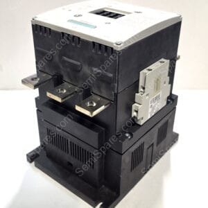 Industrial circuit breaker with copper bus bars and a gray top housing, shown in a close-up.