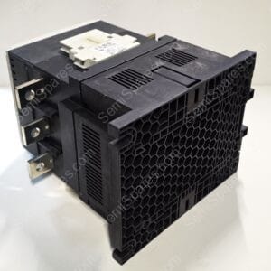 Industrial electronic drive unit with cooling vents and metal mounting brackets on a white background.