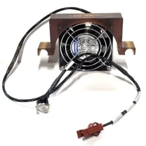 Brown square electronic module featuring a round cooling fan with a metal grille and braided cables extending outward.