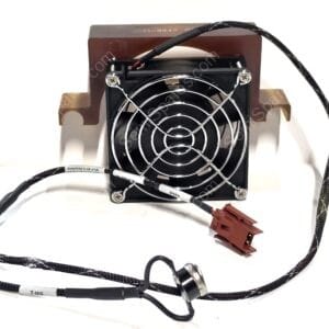 Cooling fan mounted on a brown heatsink/module with braided cable and red/black connectors nearby