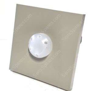 Gray rectangular box tilted on a white background with a large white circular plastic knob attached to its front.