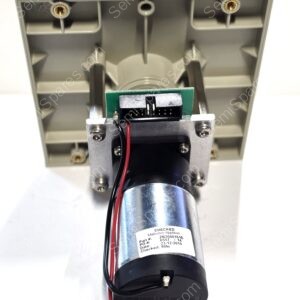 DC motor mounted to a gray plastic frame with a small circuit board and red/black wires visible.
