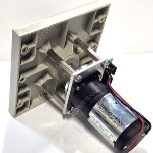 DC motor mounted to a gray plastic housing with metal mounting bracket and visible wiring (part of a mechanical assembly).