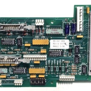 Green circuit board populated with edge connectors, integrated circuits, capacitors and white silkscreen labels such as J1–J6, CR components, and RS-logic chips.