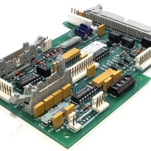 Close-up of a green printed circuit board with edge connectors, capacitors, and IC chips visible on a white background.