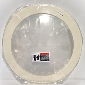 White plastic toilet seat wrapped in plastic with an 'IMPORTANT' warning label and a small 'Laser Mark Here' sticker visible nearby.