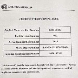 Certificate of Compliance from Applied Materials showing part number 0200-35843, revision 002, serial 0019, and related identifiers.