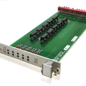 Green circuit board with edge connectors and red terminal strip mounted on metal frame, viewed from angled side.