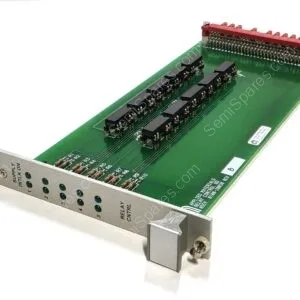 Green circuit board with edge connectors and red terminal strip mounted on metal frame, viewed from angled side.