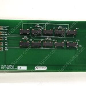 Green relay control PCB with stacked DIP ICs labeled K1–K10 and red edge connectors on both sides.