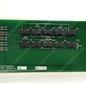 Green relay control PCB with stacked DIP ICs labeled K1–K10 and red edge connectors on both sides.