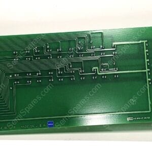 Green printed circuit board with densely routed copper traces and edge connectors on the right, showing through-holes and small component pads (text at bottom reads FAB 0110-20033 REV B MADE IN USA).