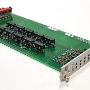 Green printed circuit board with a row of black ICs and a red edge connector along the top edge