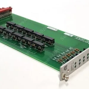 Green printed circuit board with a row of black ICs and a red edge connector along the top edge
