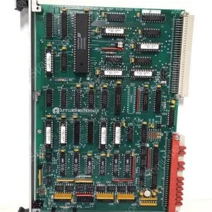 Green PCB populated with DIP ICs and a right-edge connector; 'Applied Materials' logo visible on the board edge.