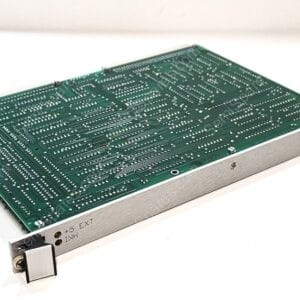Green printed circuit board with dense solder joints mounted in a silver chassis; edge connectors and fasteners visible, labeled +5 EXT INH on the side.