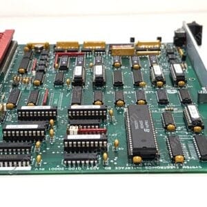 Printed circuit board densely populated with ICs, connectors, and yellow capacitors, viewed from above on a white background, left-edge connector visible.