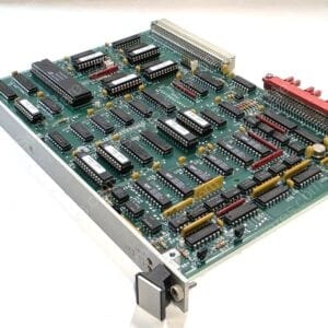 Vintage computer motherboard or circuit board with numerous IC chips, yellow capacitors, and a long red edge connector on the right side.