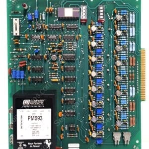 Green circuit board densely populated with resistors, capacitors, ICs, and a black PM593 power module; edge connector on the right.