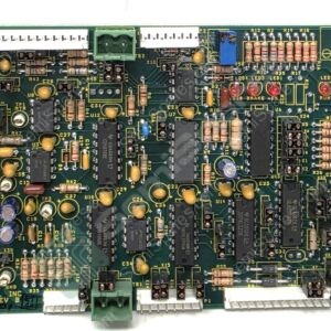 Dense printed circuit board with multiple connectors, DIP ICs, resistors, and capacitors visible across a green PCB.