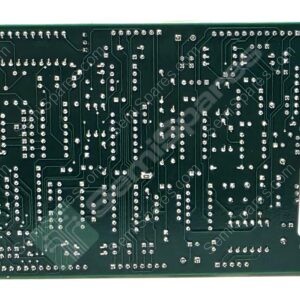 Bottom view of a green printed circuit board showing dense solder joints and circuit traces.