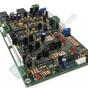 Circuit board populated with resistors, capacitors, ICs, LEDs, and green screw-terminal blocks seen at an angle.