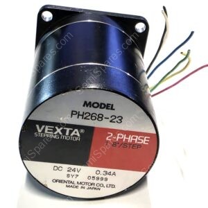Close-up of a black Vexta 2-phase stepping motor with mounting holes and multicolored wires coming out to the right.