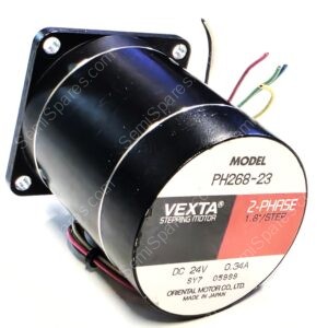Close-up of a black Vexta 2-phase stepping motor with colored wires, showing the label containing model number PH268-23 and 24V DC.