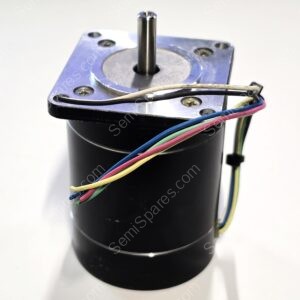 Close-up of a small electric motor with a vertical metal shaft protruding from a blue mounting plate, with several colored wires attached.