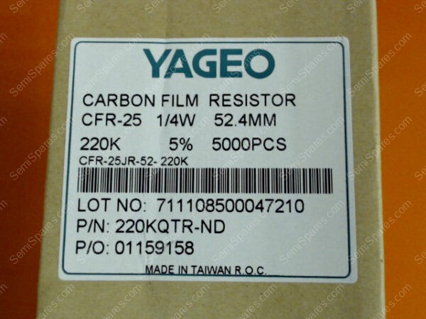 220KQTR-ND | CARBON FILM RESISTOR, CFR-25, 1/4W, 52.4MM 220K 5% (5000 PCS) - Image 2