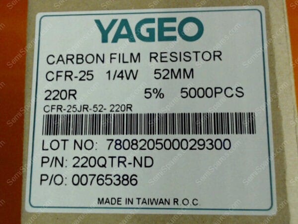 220QTR-ND | CARBON FILM RESISTOR, CFR-25  1/4W  52MM  220R  5% (5000)PCS - Image 2