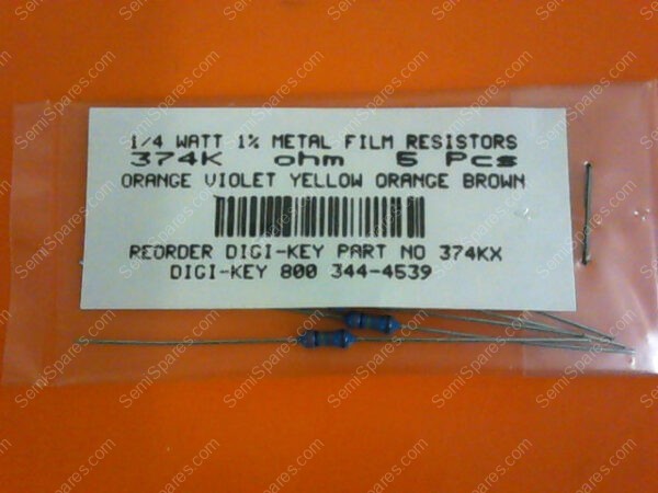 374KX | 1/4 WATT 1% METAL FILM RESISTORS 374K OHM (PK OF 5) - Image 2