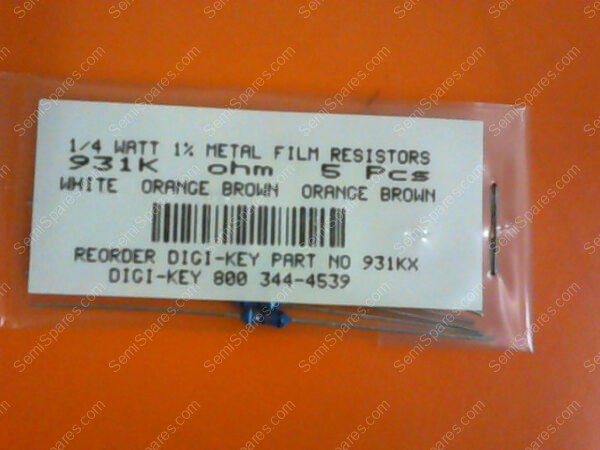 931KX | 1/4 WATTS 1% METAL FILM RESISTORS 931KX OHM (PACKAGE OF 5) - Image 3