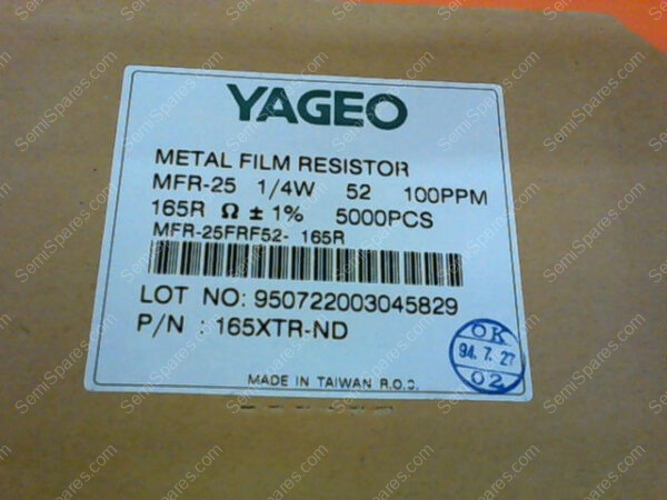 165XT-ND | METAL FILM RESISTOR MFR-25 1/4W 52 100PPM 165R 1% (5000PCS - Image 3