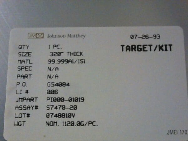 TG-0080-00 | TARGET, AL/SI 1%, 0.320" THICK, P&E SPUTTE - Image 3
