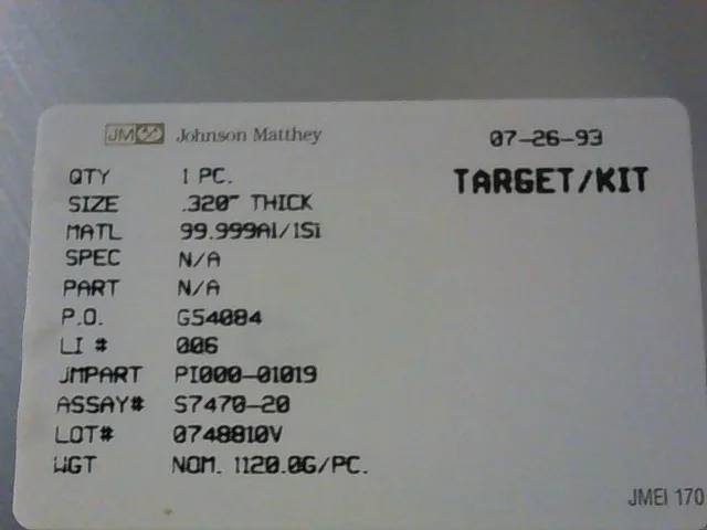 TG-0080-00 | TARGET, AL/SI 1%, 0.320" THICK, P&E SPUTTE - Image 3
