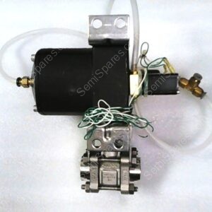 Small diaphram pump with black motor and plumbing fittings, wired with green and white leads, mounted on metal bracket.
