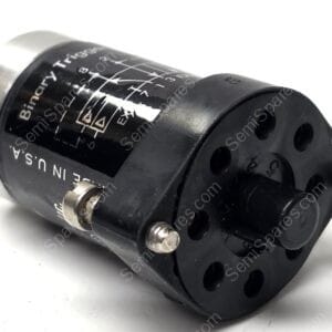 Close-up of a black cylindrical component with a metal cap, showing white schematic markings and two metal screws, mounted to a black plastic base with multiple holes.