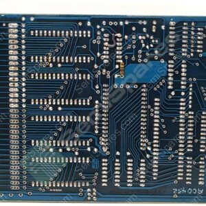 Blue printed circuit board (PCB) with a gold edge connector on the right and dense solder joints, showing many routing traces across the board.