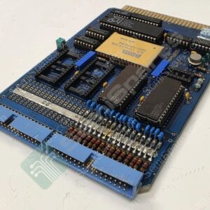 Blue vintage circuit board densely populated with DIP IC sockets, resistors, and edge connectors.