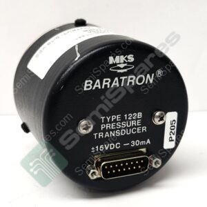 Close-up of a black circular MKS Baratron pressure transducer with a multi-pin connector and screws visible at the bottom edges, showing model details and label text.