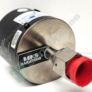 Close-up of a MKS Baratron pressure sensor with a red inlet connector