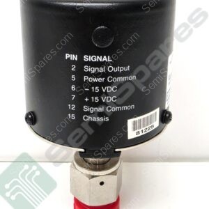 Black cylindrical electrical module with a pinout label: 2 Signal Output, 5 Power Common, 6 -15 VDC, 7 +15 VDC, 12 Signal Common, 15 Chassis; top terminal studs visible.