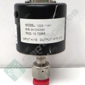 Black cylindrical pressure sensor with metal fittings and a red bottom connector; label reads Model 122B-11441 and I/O specs 0-10 VDC.