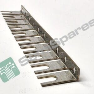 Close-up of a metal binder strip with evenly spaced slots and circular holes used to bind papers in a folder/ binder.