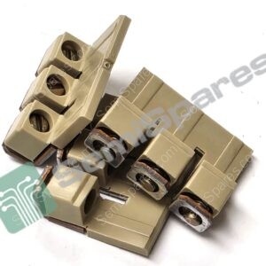 Beige multi-terminal connector with round holes and metal contacts, mounted on a green circuit board.