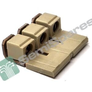 Close-up of beige LEGO-like bricks with round holes and copper-edged ends, overlapped by a green circuit-pattern tag.